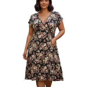 Vibe Sportswear Plus 2X Floral Faux-Wrap Dress Chateaucore Dark Botanical EUC